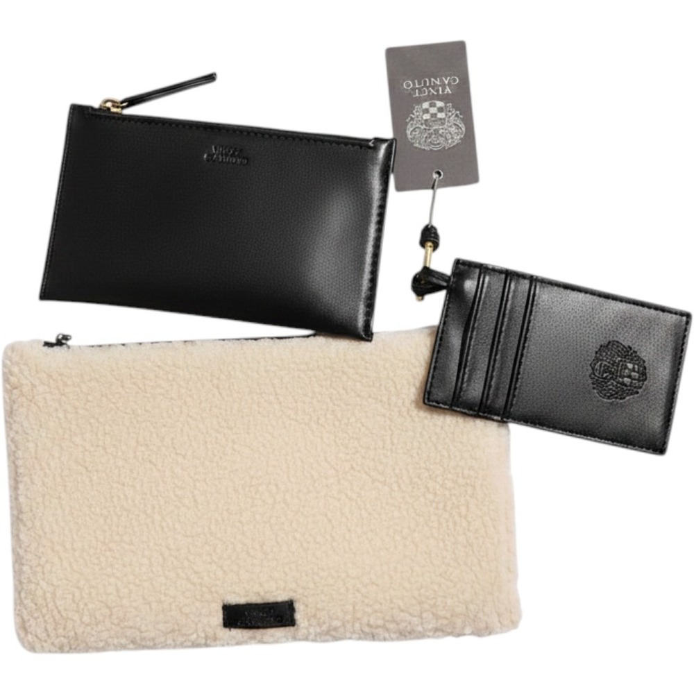 Vince Camuto 3 Piece Set Sherpa Clutch Black Pouch and Card Holder Wristlet NWT